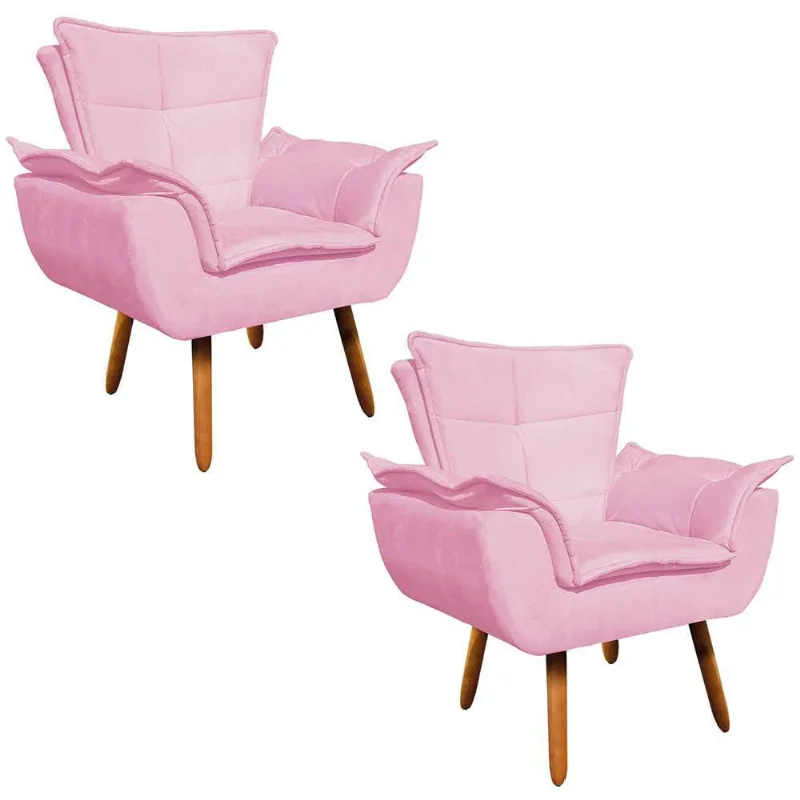 Kit 02 Poltronas Opala Suede Rosa Bebê Pés Palito Castanho