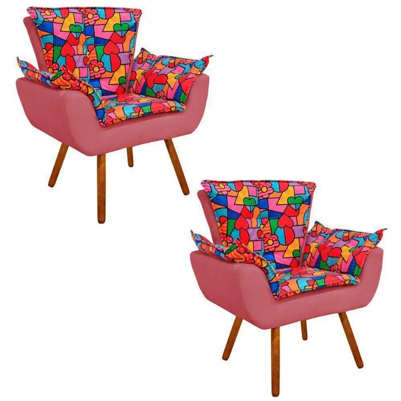 Kit 02 Poltronas Opala Romero Britto E Suede Rose Pés Palito