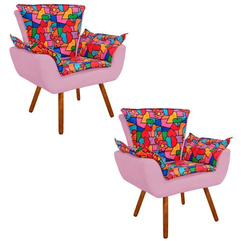 Kit 02 Poltronas Opala Romero E Suede Rosa Bebê Pés Palito