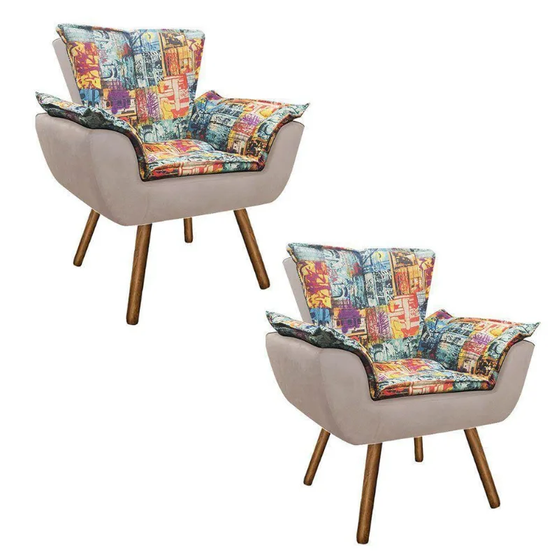 Kit 02 Poltronas Opala Street D05 E Suede Bege Pés Palito