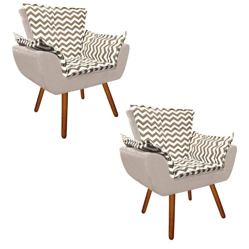 Kit 02 Poltronas Opala Bege e Suede Bege Pés Palito Castanho