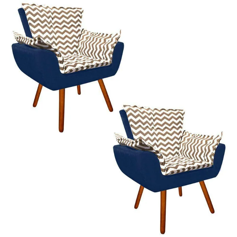 Kit 02 Poltronas Opala Zig Zag Bege D81 E Suede Azul Marinho Pés Palito Castanho D´rossi