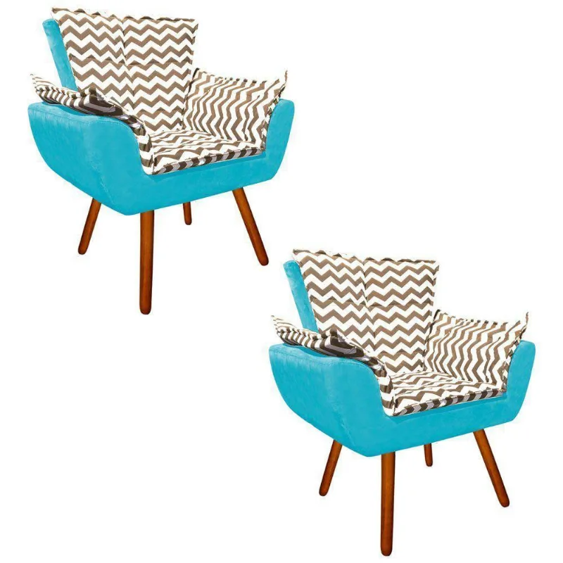 Kit 2 Poltronas Opala Zig Zag Bege Suede Turquesa Pés Palito