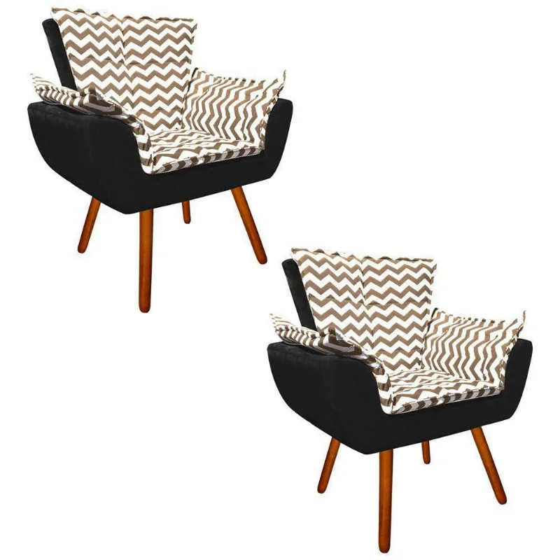 Kit 02 Poltronas Opala Bege e Preto Pés Palito Castanho