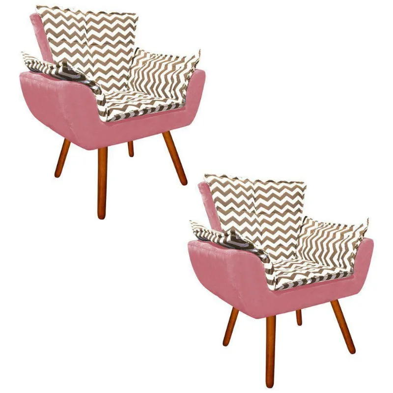 Kit 02 Poltronas Opala Bege e Suede Rose Pés Palito Castanho