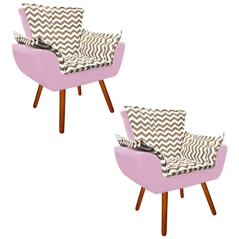 Kit 02 Poltronas Opala Bege e Suede Rosa Pés Palito Castanho