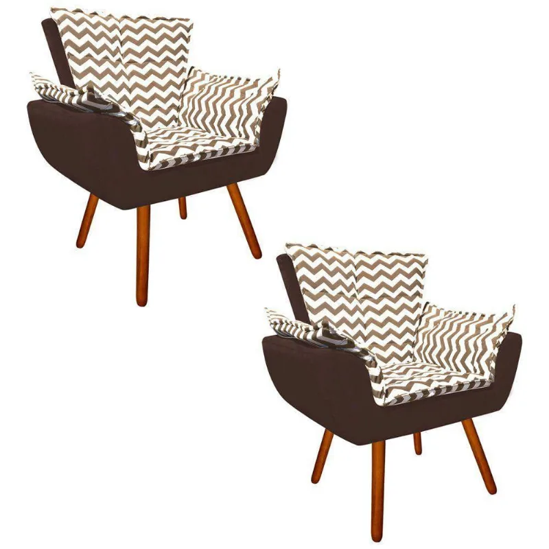 Kit 02 Poltronas Opala Bege e Marrom Pés Palito Castanho