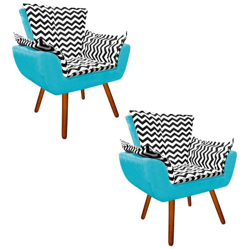 Kit 2 Poltrona Opala Zig Zag Preto Suede Turquesa Pés Palito