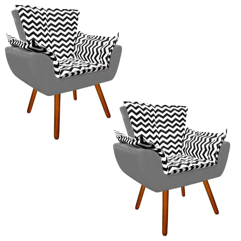 Kit 02 Poltronas Opala Zig Zag Preto D80 e Suede Grafite Pés Palito Castanho D´rossi