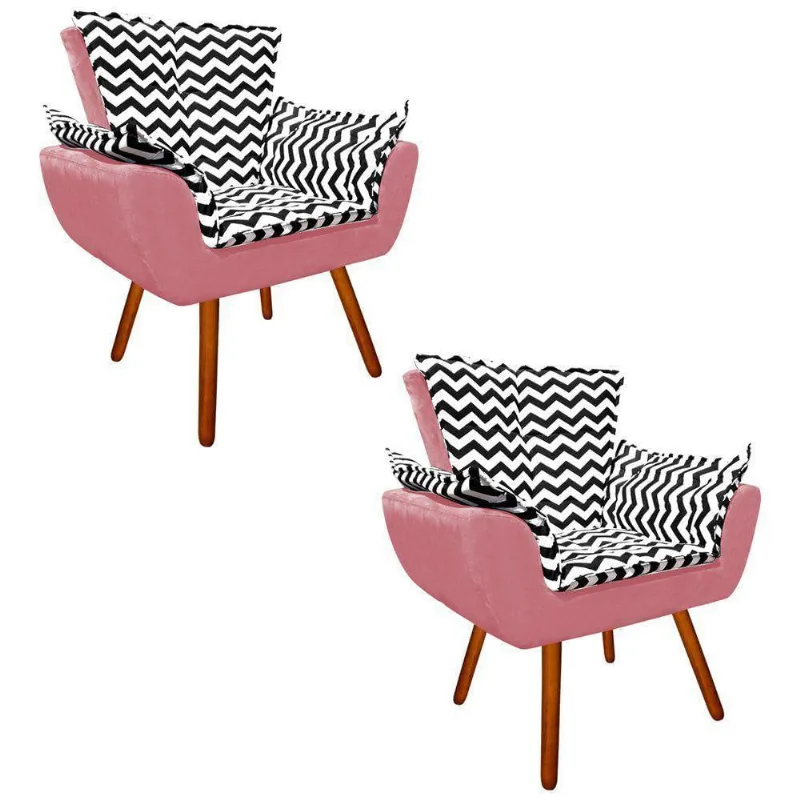 Kit 02 Poltronas Opala Preto e Rose Pés Palito Castanho