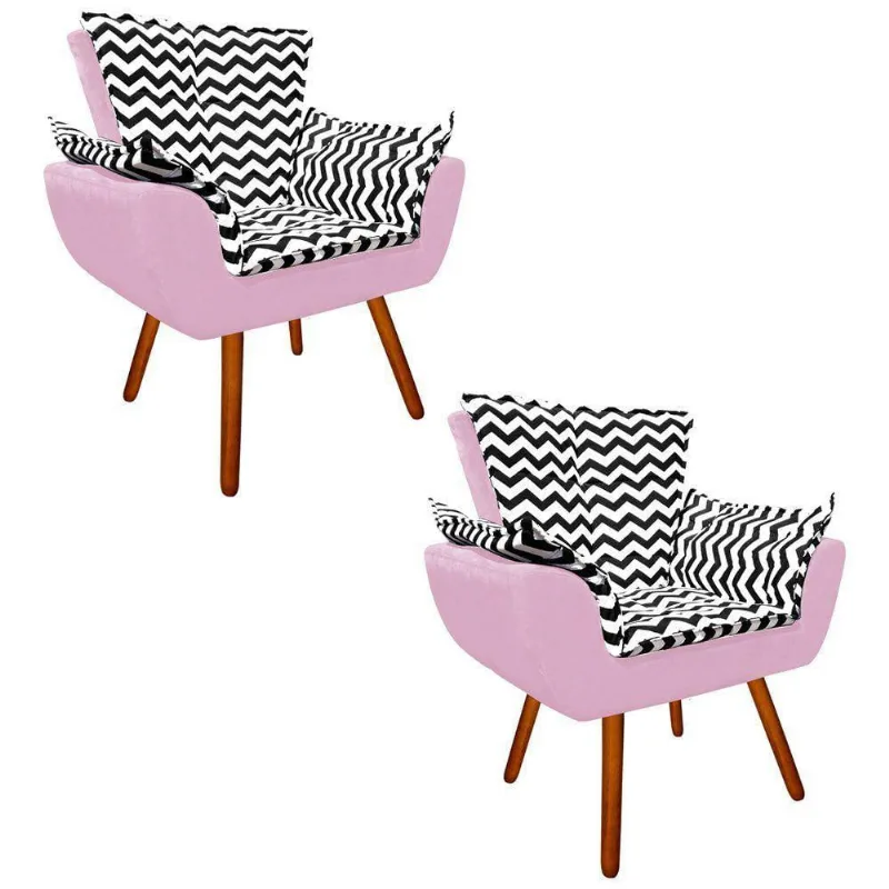 Kit 02 Poltronas Opala Preto e Rosa Bebê Pés Palito Castanho