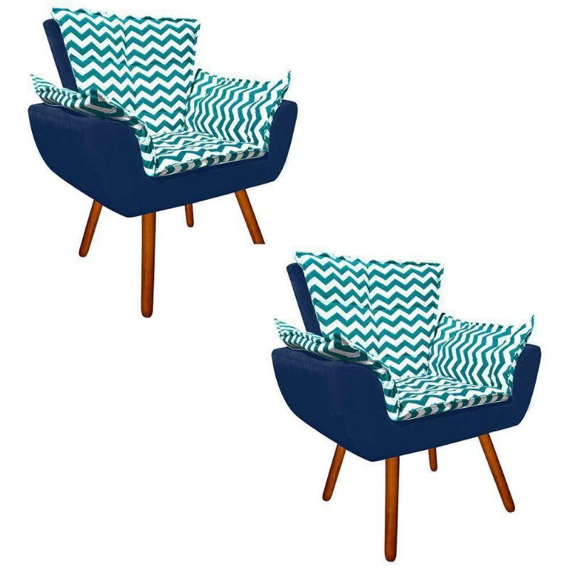 Kit 2 Poltrona Opala ZigZag Verde Suede Azul Marinho Palito
