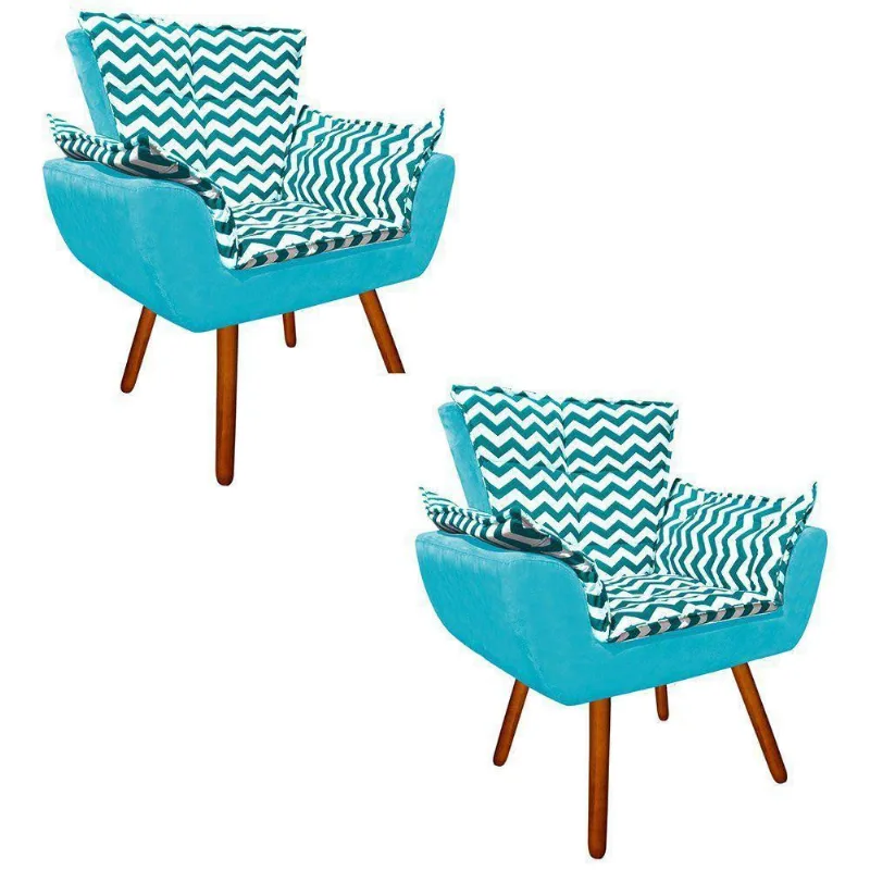 Kit 2 Poltronas Opala ZigZag Verde Suede Turquesa Pés Palito