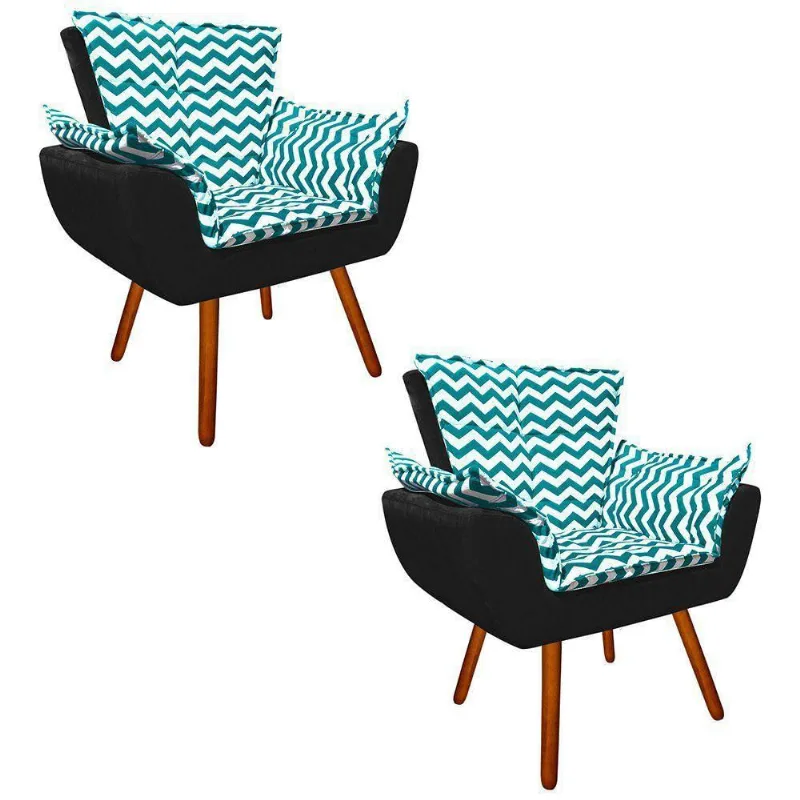 Kit 02 Poltronas Opala Verde Turquesa e Preto Pés Palito