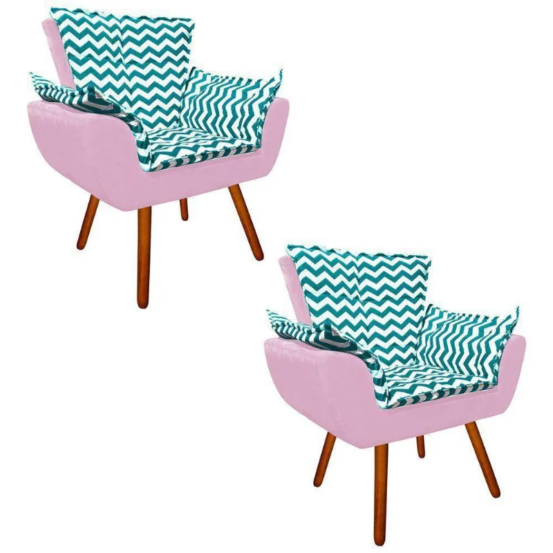 Kit 02 Poltronas Opala Verde Turquesa e Rosa Pés Palito