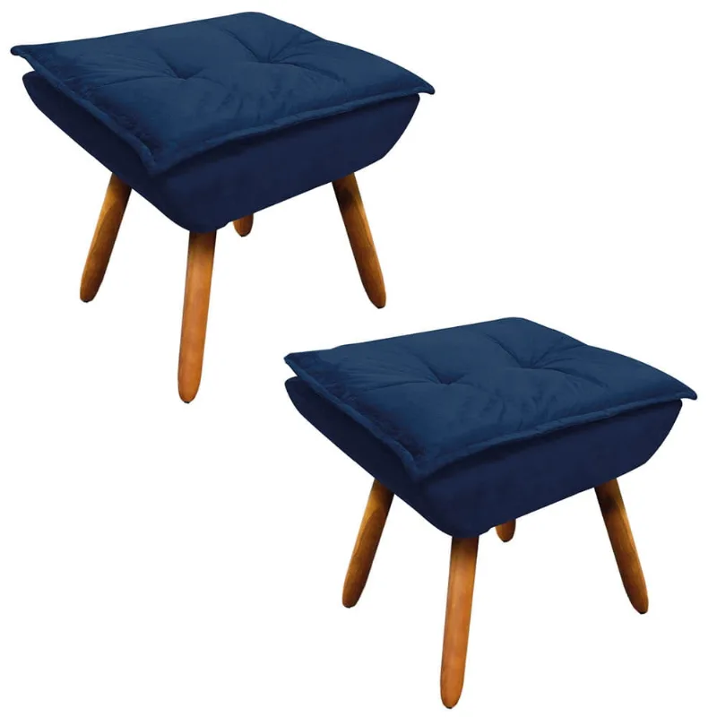 Kit 02 Puffs Opala Suede Azul Marinho Pes Palito Castanho D'Rossi