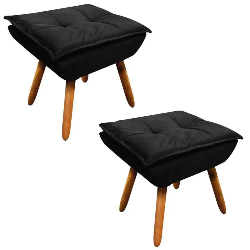 Kit 2 Puffs Opala Suede Preto Pés Palito Castanho D´rossi