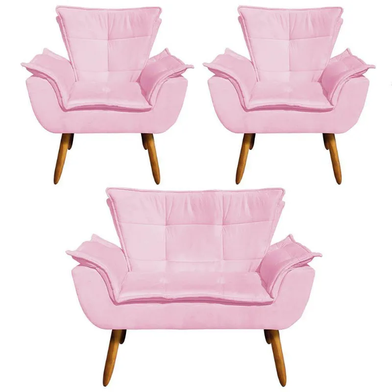 Kit 01 Namoradeira 02 Poltronas Suede Rosa Bebê