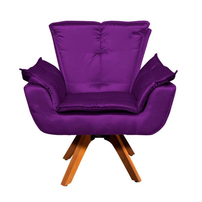 Poltrona Giratória Opala Acetinado Roxo Base Madeira