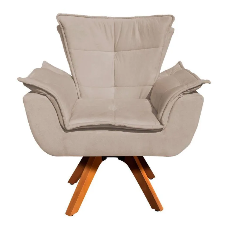 Poltrona Giratória Opala Suede Bege Base Madeira