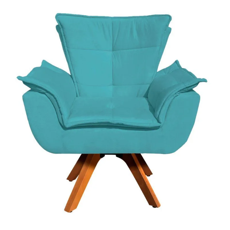 Poltrona Giratória Opala Suede Azul Turquesa Base Madeira