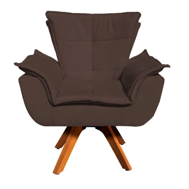 Poltrona Giratória Opala Suede Marrom Base Madeira
