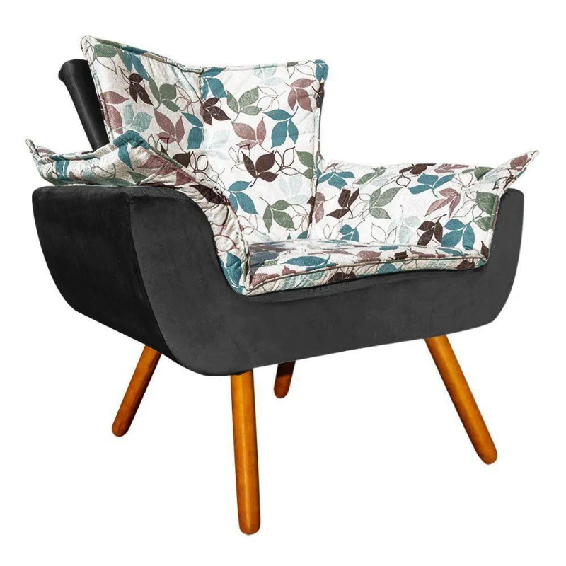 Poltrona Opala Folhas D68 e Veludo Preto Castanho