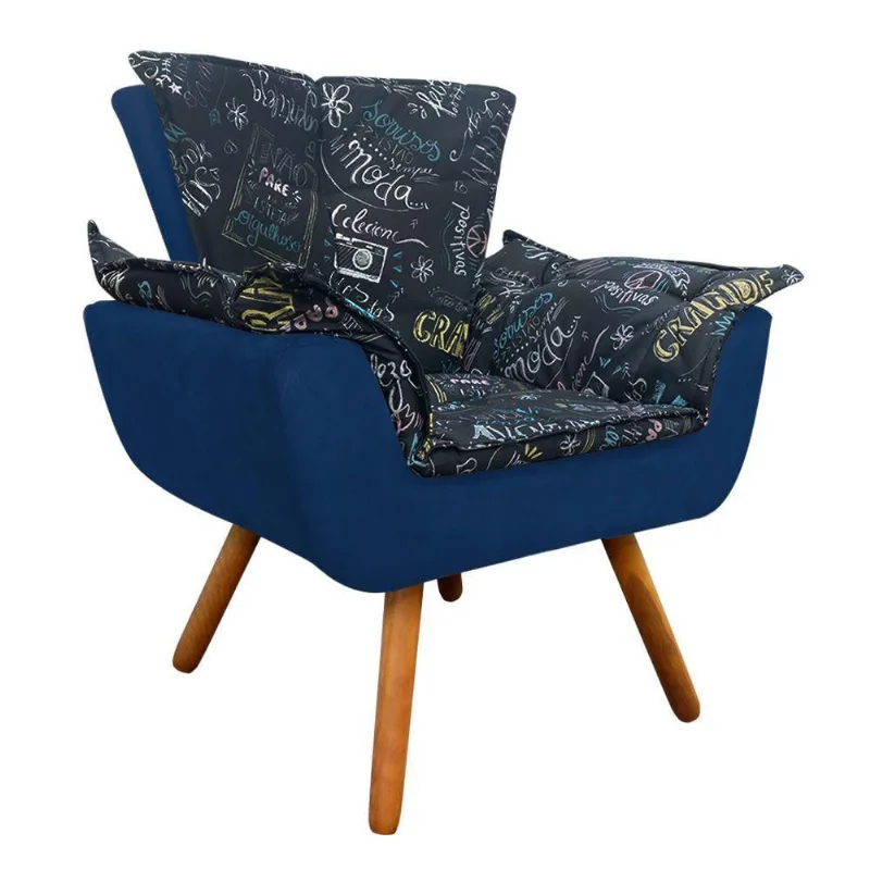 Poltrona Opala Estampado Preto Escrito e Suede Azul Marinho
