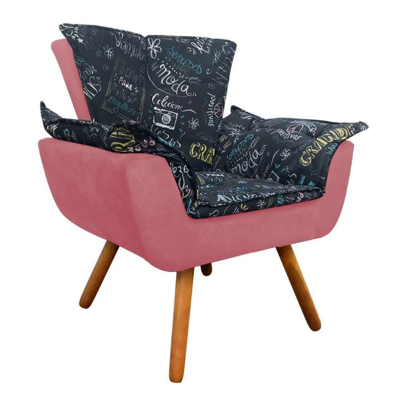 Poltrona Opala Estampado Preto Escrito D62 e Suede Rose