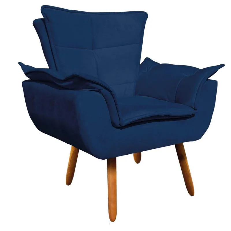 Poltrona Opala Suede Azul Marinho Pés Palito Castanho Drossi