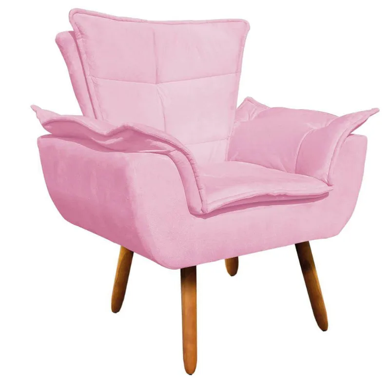 Poltrona Opala Suede Rosa Bebê Pés Palito Castanho D´rossi