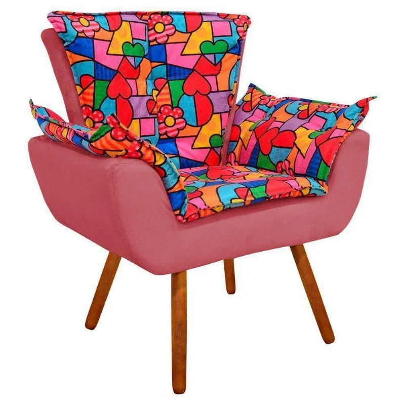 Poltrona Opala Romero Britto Suede Rose Pés Palito Castanho