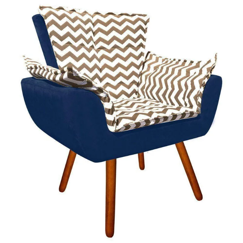 Poltrona Opala Bege Suede Azul Marinho Pés Palito Castanho