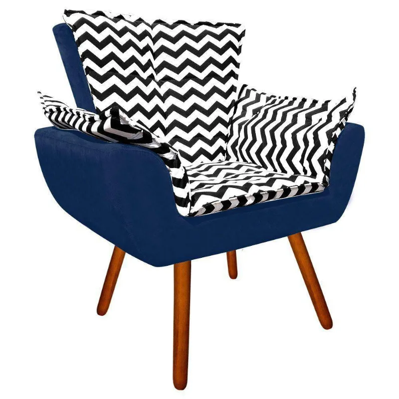 Poltrona Opala Preto D80 e Suede Azul Marinho Pés Castanho
