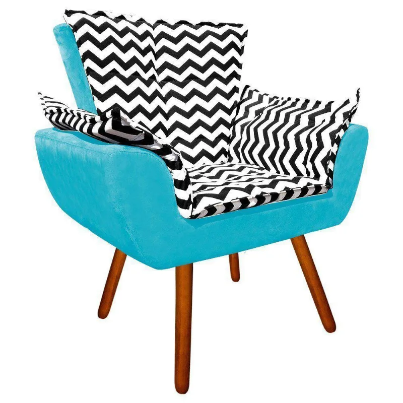 Poltrona Opala Preto D80 e Suede Azul Turquesa Pés Castanho