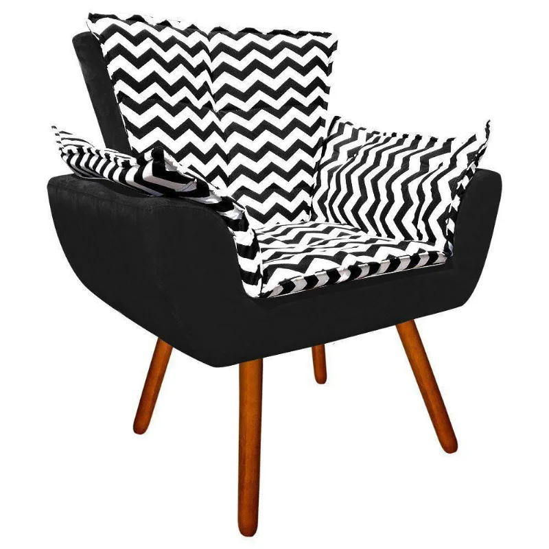 Poltrona Opala Preto D80 e Suede Preto Pés Palito Castanho