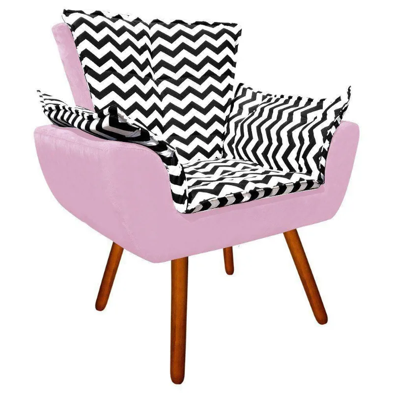 Poltrona Opala Preto e Suede Rosa Bebê Pés Palito Castanho