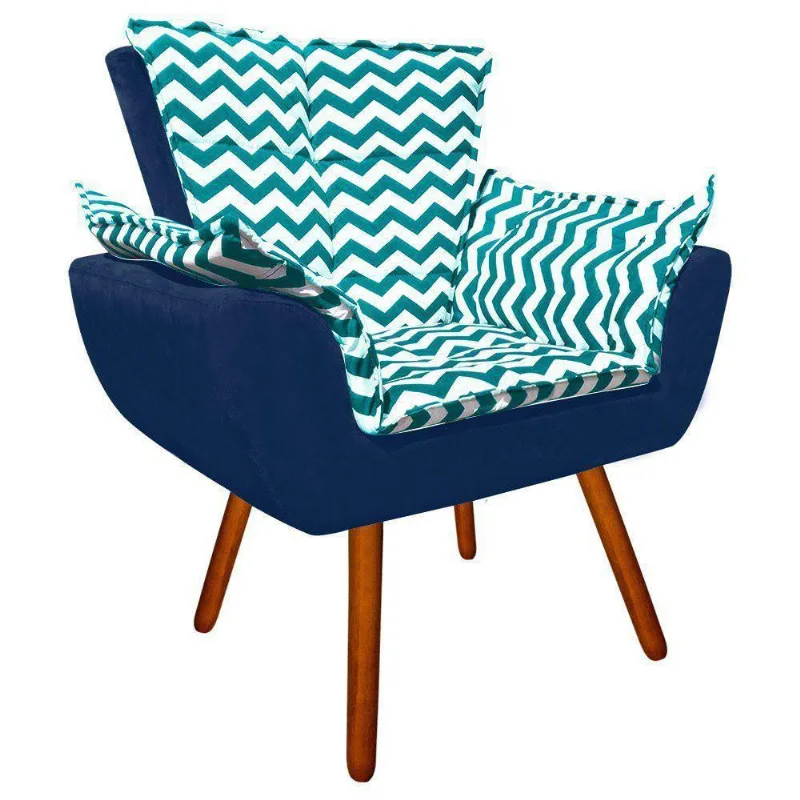 Poltrona Verde Turquesa e Suede Azul Marinho Pés Castanho