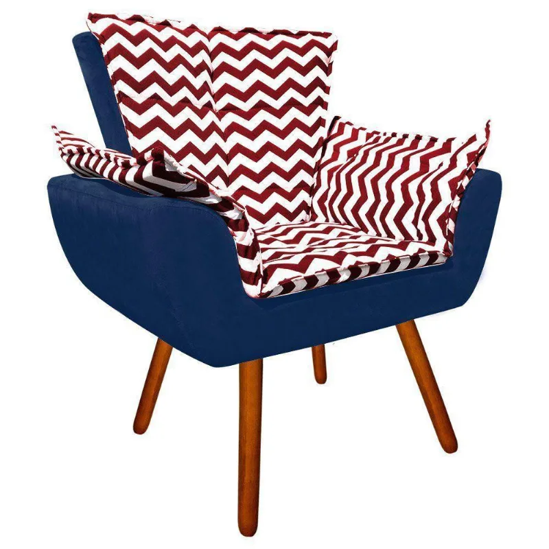 Poltrona Vermelho Suede Azul Marinho Pés Palito Castanho