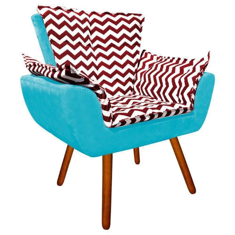 Poltrona Vermelho Suede Azul Turquesa Pés Palito Castanho