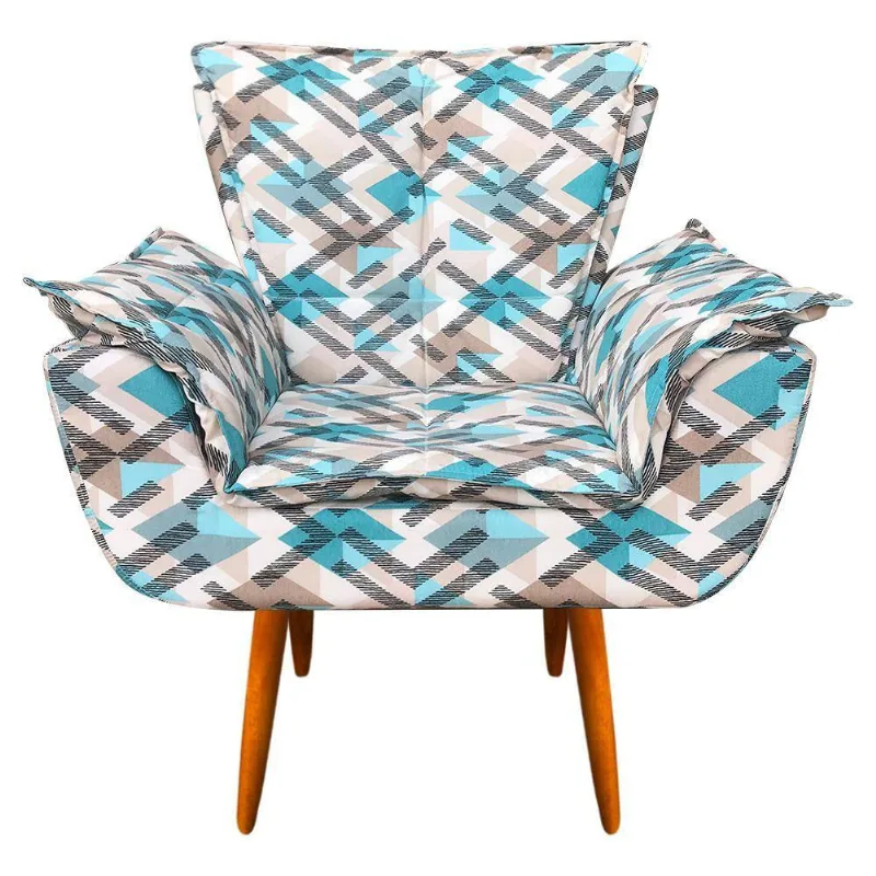 Poltrona Opala Estampado Traçado Azul Turquesa Pés Castanho