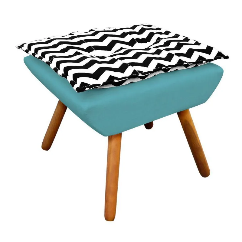 Puff Opala Zig Zag Preto D80 Suede Azul Turquesa Pés