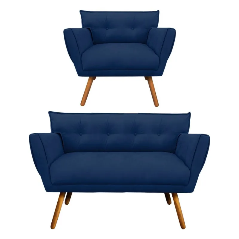Kit 1 Namoradeira 2 Lugares e 1 Poltrona Anitta Suede Pés Palito Castanho - D'Rossi Azul Marinho