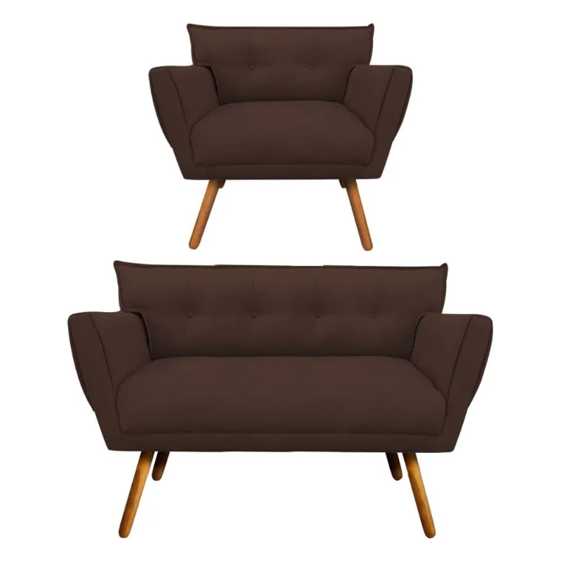 Kit 1 Namoradeira 2 Lugares e 1 Poltrona Anitta Suede Pés Palito Castanho - D'Rossi Marrom