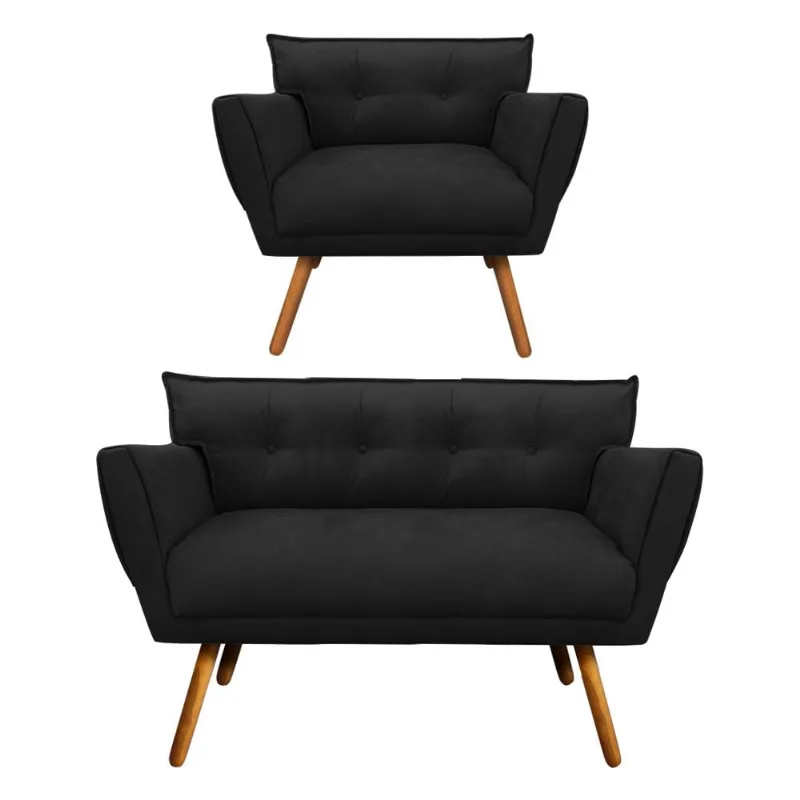 Kit 1 Namoradeira 2 Lugares e 1 Poltrona Anitta Suede Pés Palito Castanho - D'Rossi Preto