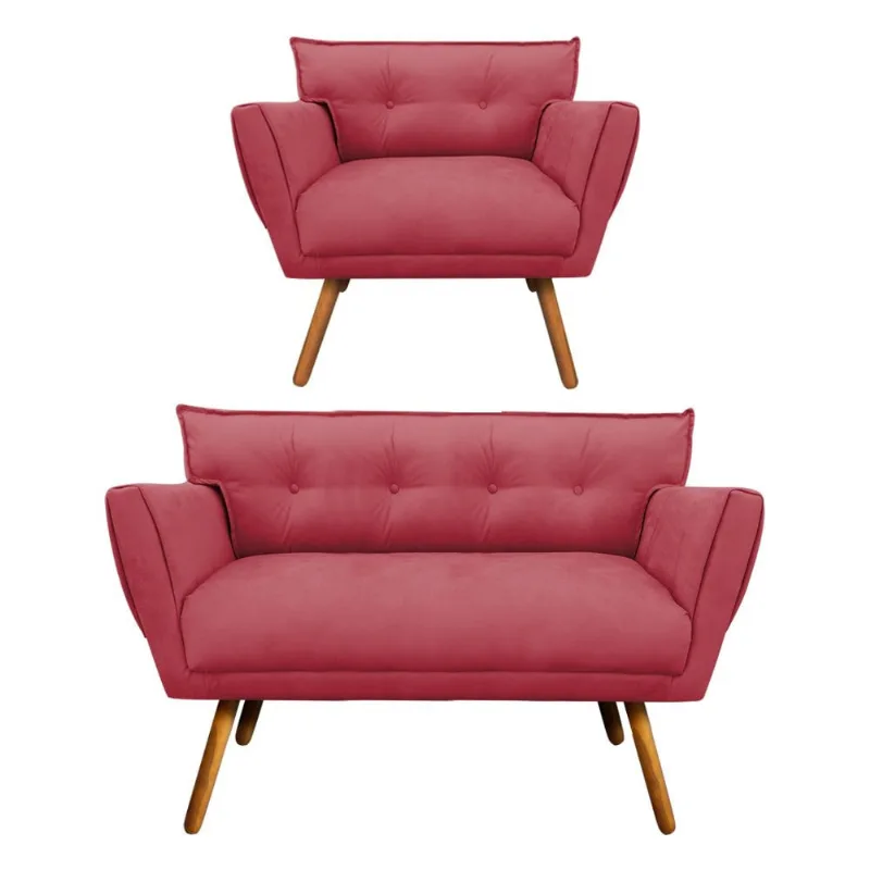 Kit 1 Namoradeira 2 Lugares e 1 Poltrona Anitta Suede Pés Palito Castanho - D'Rossi Rose