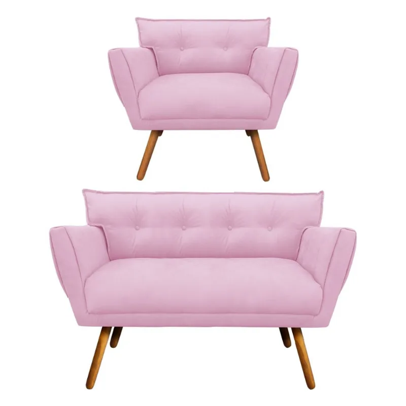 Kit 1 Namoradeira 2 Lugares e 1 Poltrona Anitta Suede Pés Palito Castanho - D'Rossi Rosa Bebê