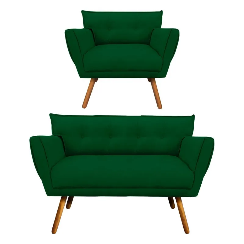 Kit 1 Namoradeira 2 Lugares e 1 Poltrona Anitta Suede Pés Palito Castanho - D'Rossi Verde