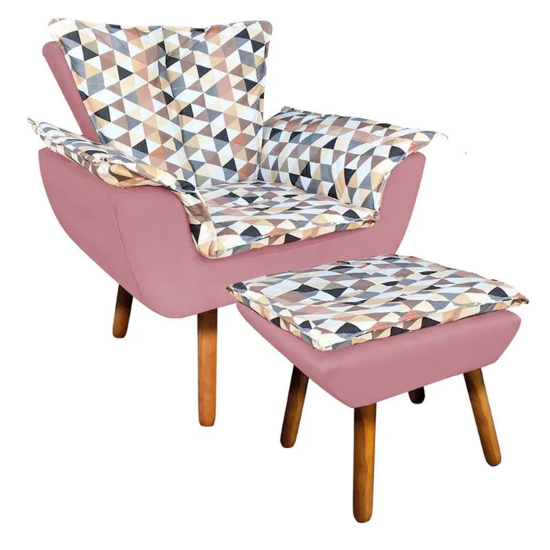 Poltrona com Puff Opala com Suede Pés Palito D´rossi Rose