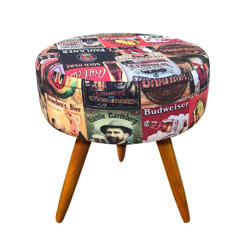 Puff Banqueta Berlim Redondo Estampado Pés Castanho Beer